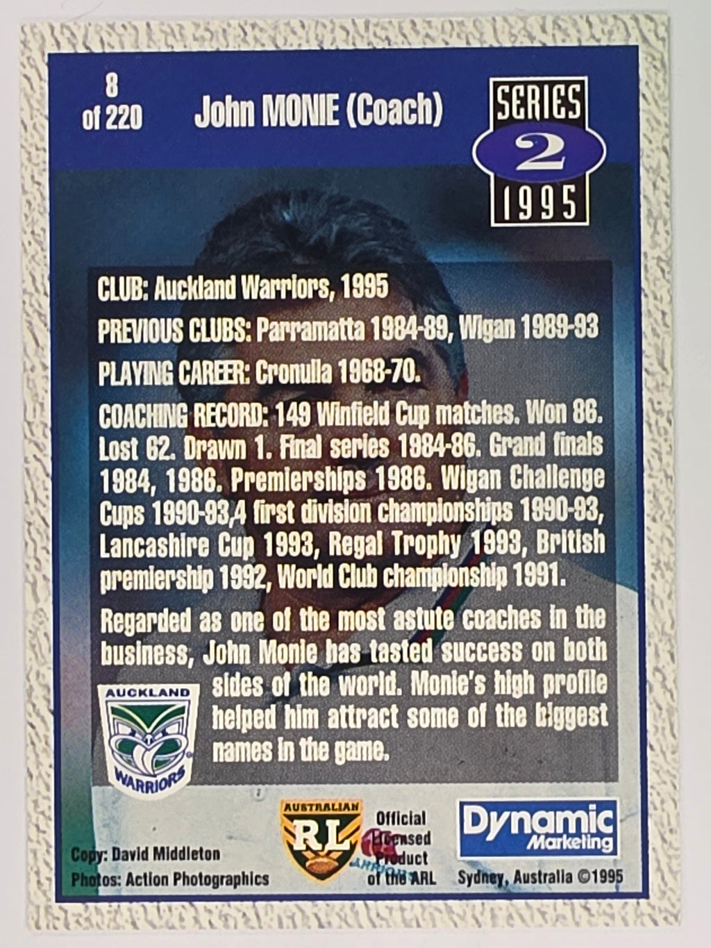 NRL 1995 Dynamic Series 2 | Base Card #008 | John Monie | Auckland Warriors