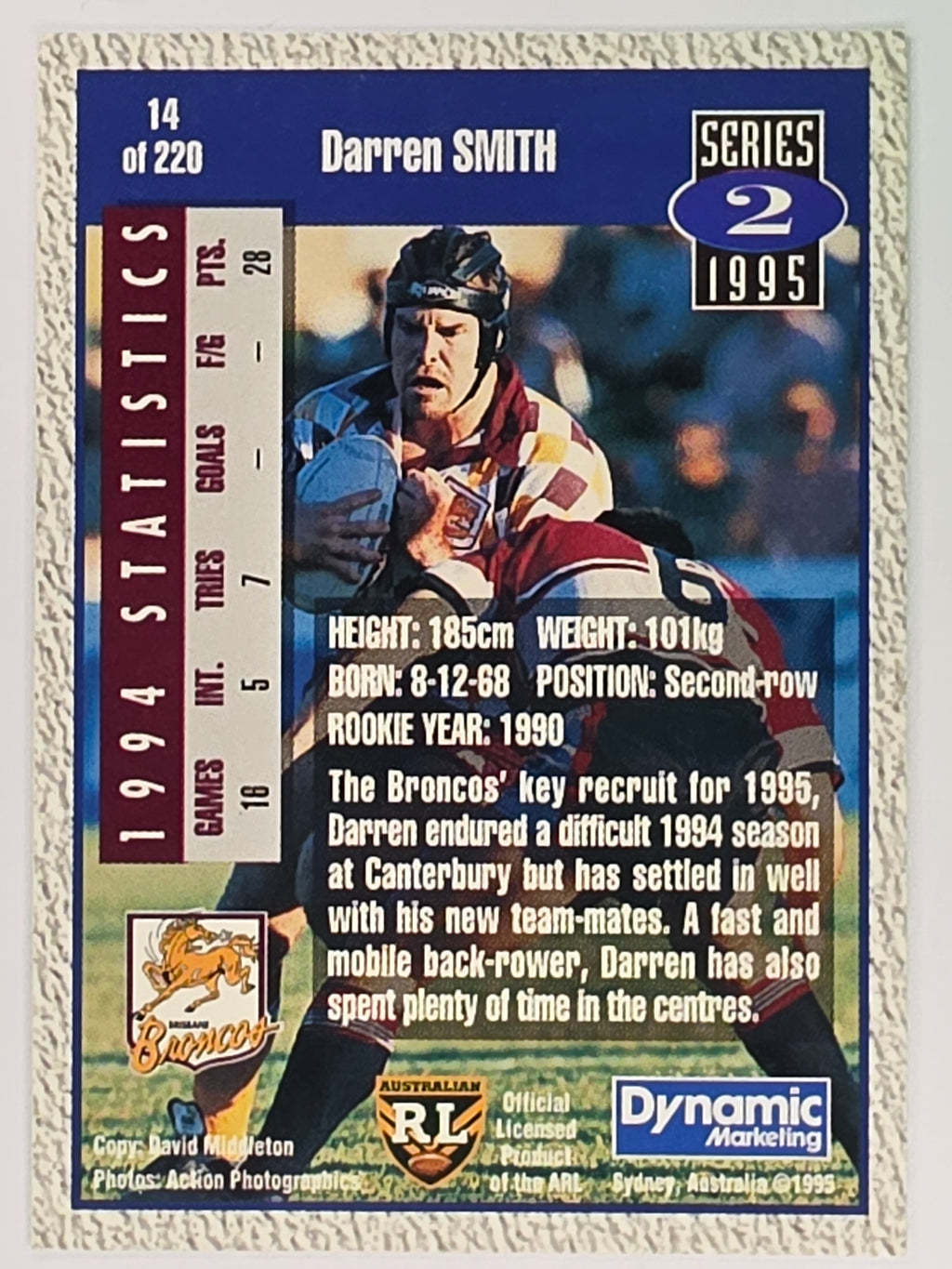 NRL 1995 Dynamic Series 2 | Base Card #014 | Darren Smith | Brisbane Broncos