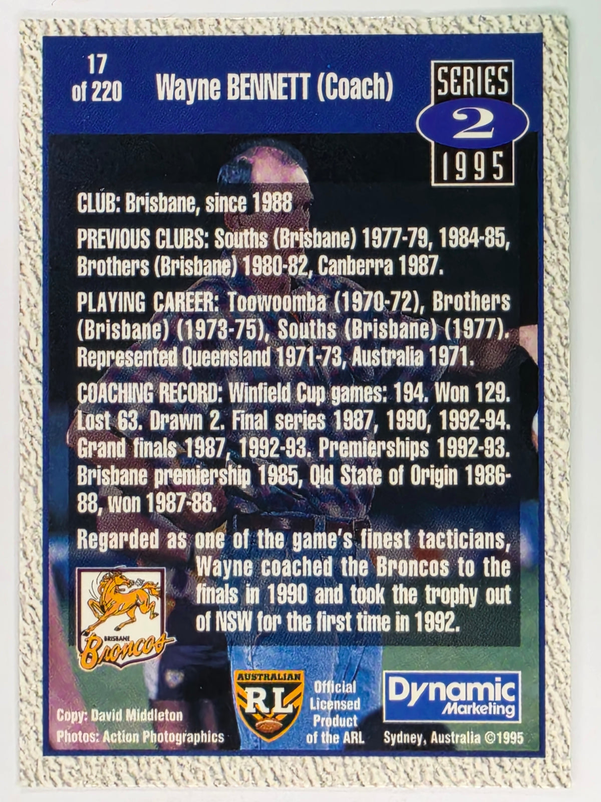 NRL 1995 Dynamic Series 2 | Base Card #017 | Wayne Bennett | Brisbane Broncos