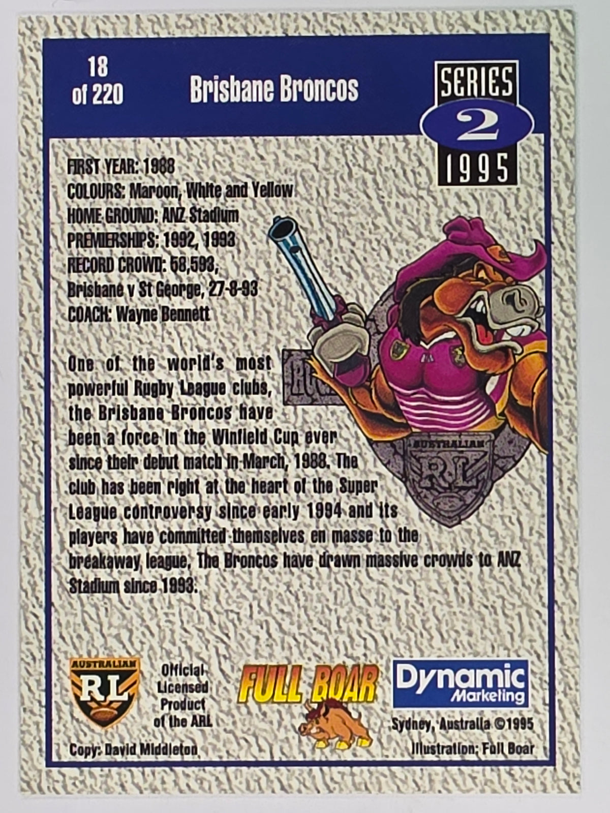 NRL 1995 Dynamic Series 2 | Base Card #018 | Brisbane Broncos Logo