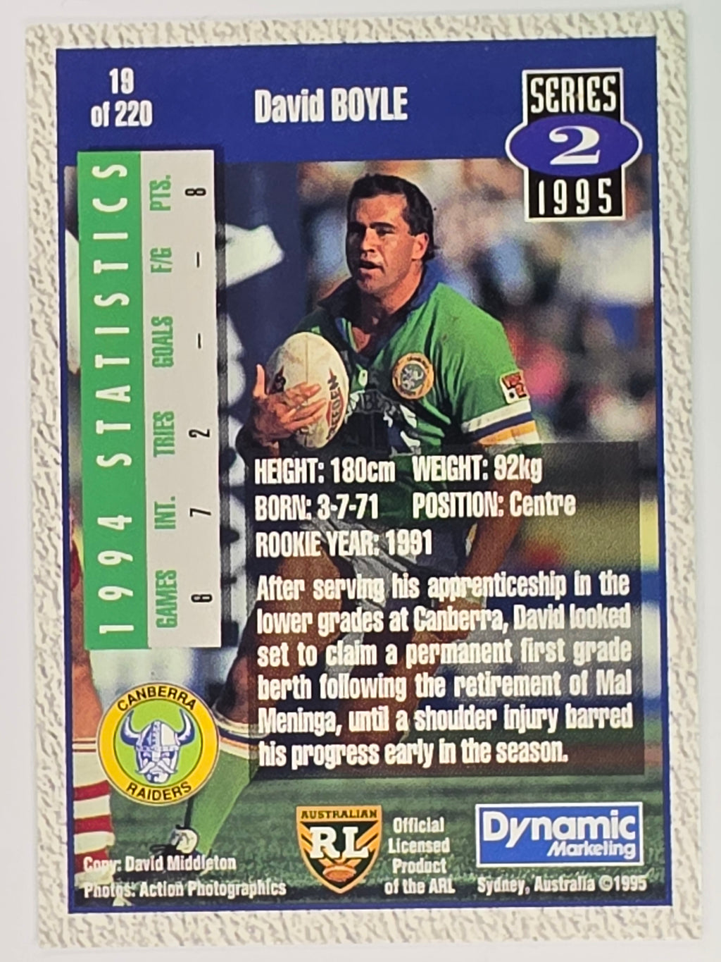 NRL 1995 Dynamic Series 2 | Base Card #019 | David Boyle | Canberra Raiders