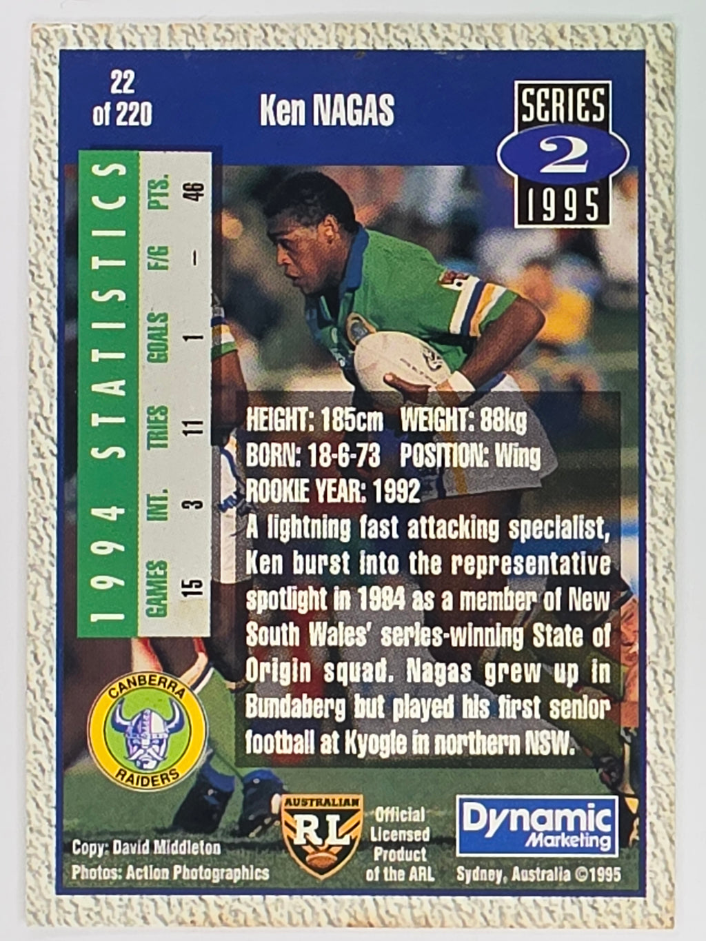 NRL 1995 Dynamic Series 2 | Base Card #022 | Ken Nagas | Canberra Raiders