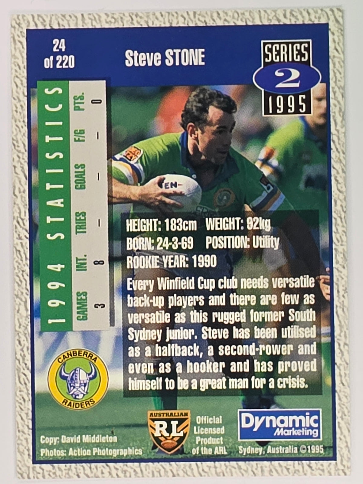 NRL 1995 Dynamic Series 2 | Base Card #024 | Steve Stone | Canberra Raiders