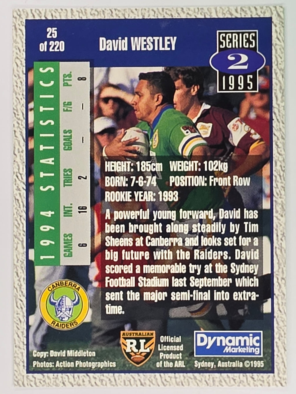 NRL 1995 Dynamic Series 2 | Base Card #025 | David Westley | Canberra Raiders