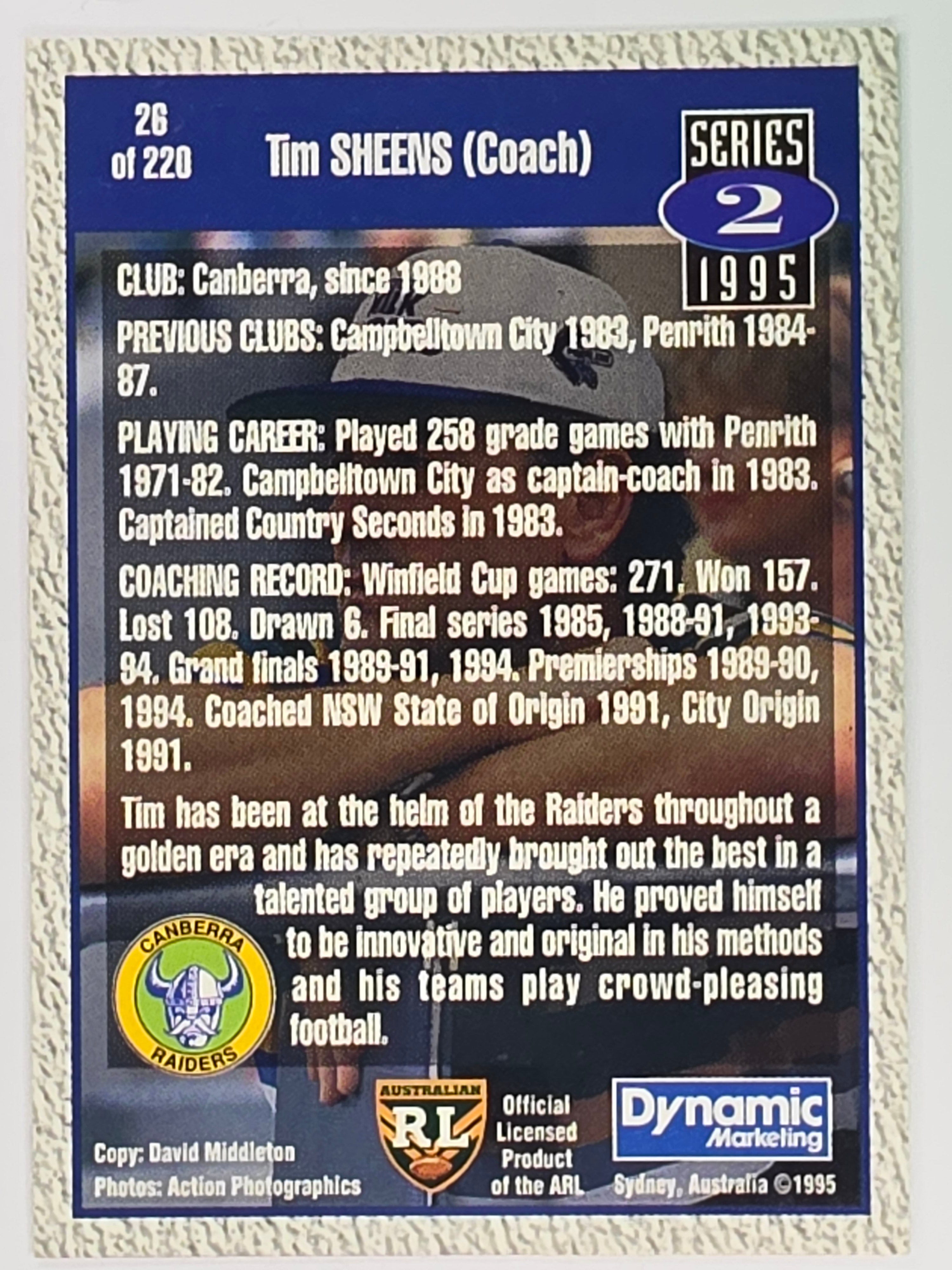 NRL 1995 Dynamic Series 2 | Base Card #026 | Tim Sheens | Canberra Raiders