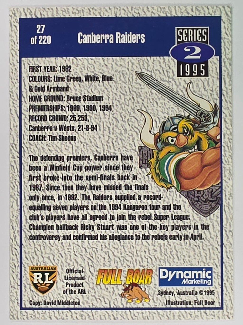 NRL 1995 Dynamic Series 2 | Base Card #027 | Canberra Raiders Logo