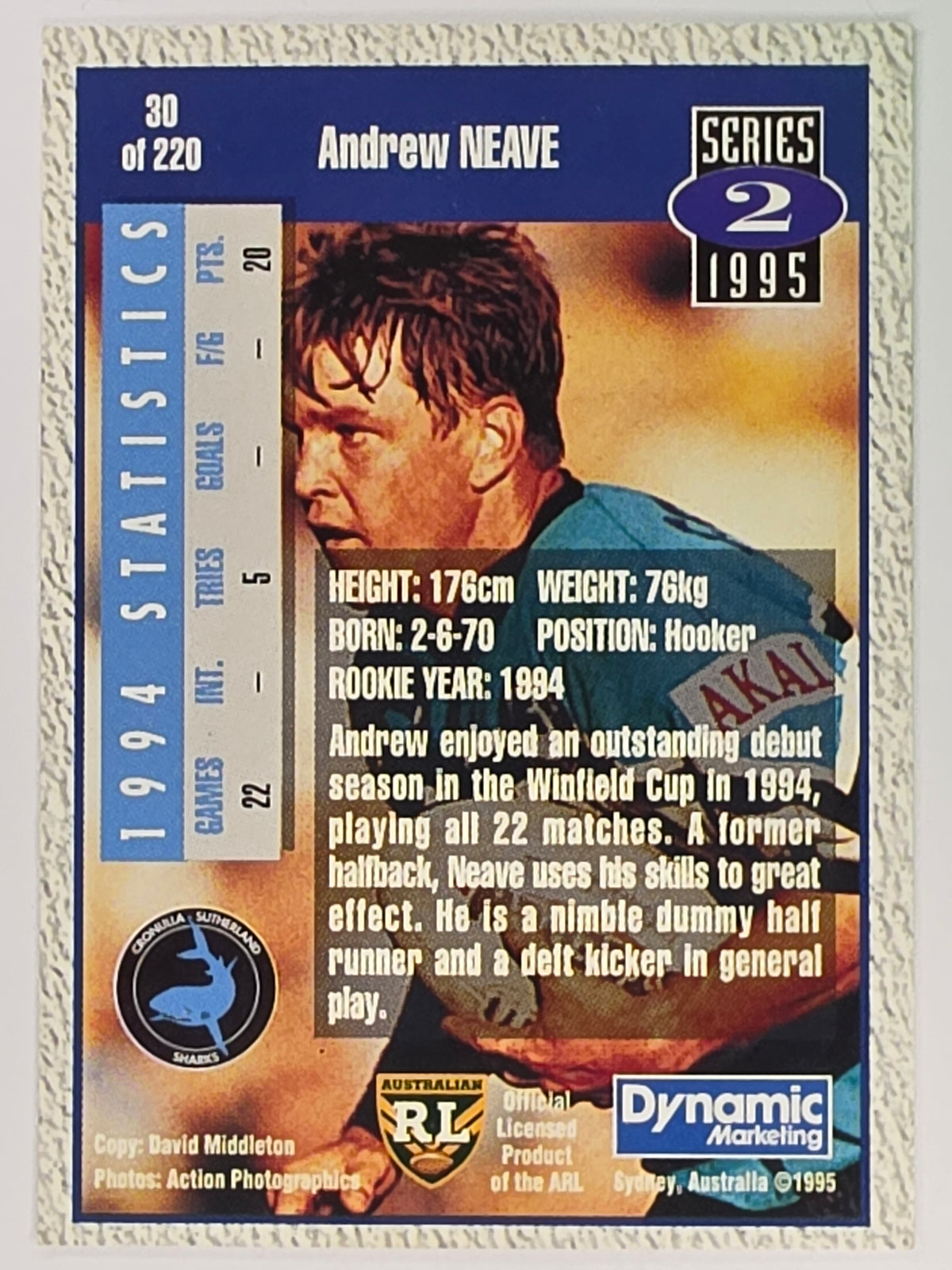 NRL 1995 Dynamic Series 2 | Base Card #030 | Andrew Neave | Cronulla Sharks