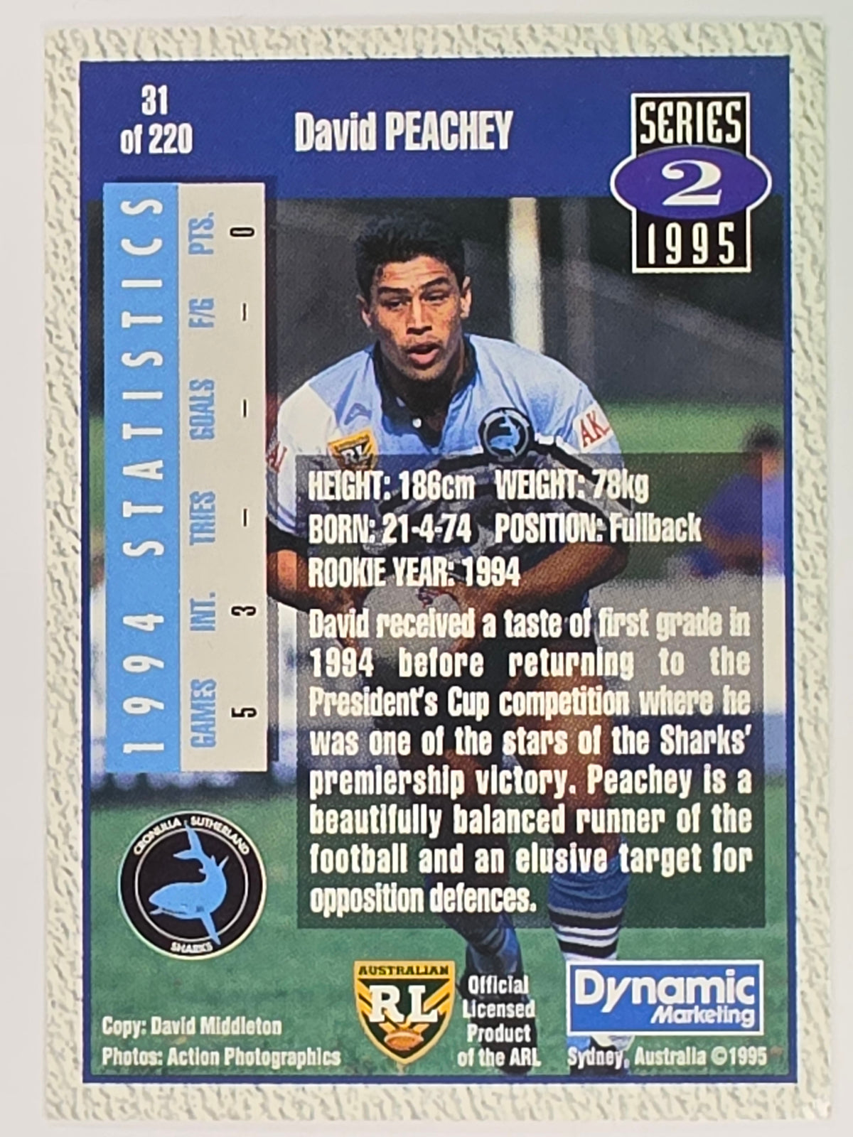 NRL 1995 Dynamic Series 2 | Base Card #031 | David Peachy | Cronulla Sharks