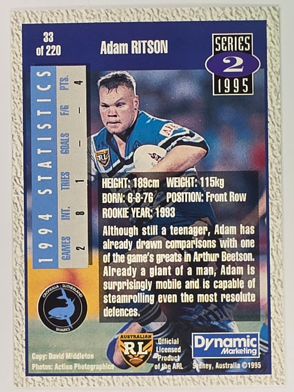NRL 1995 Dynamic Series 2 | Base Card #033 | Adam Ritson | Cronulla Sharks