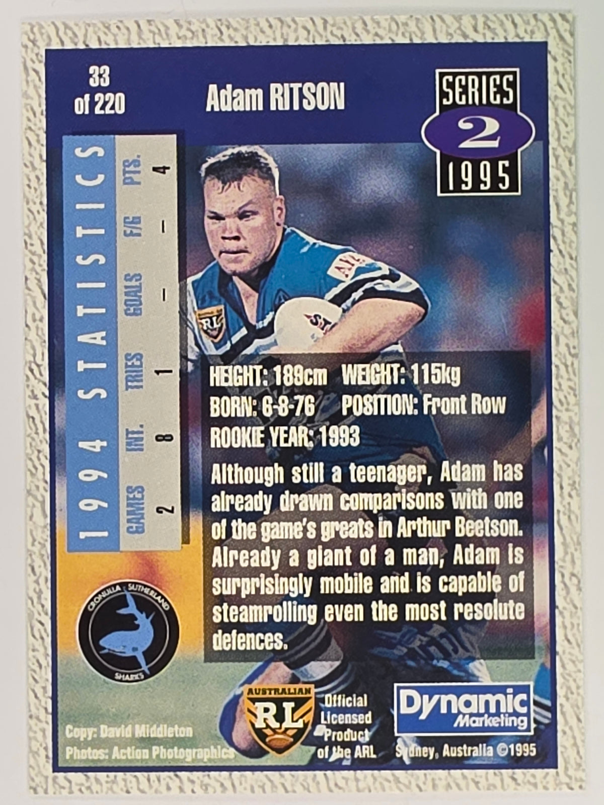 NRL 1995 Dynamic Series 2 | Base Card #033 | Adam Ritson | Cronulla Sharks