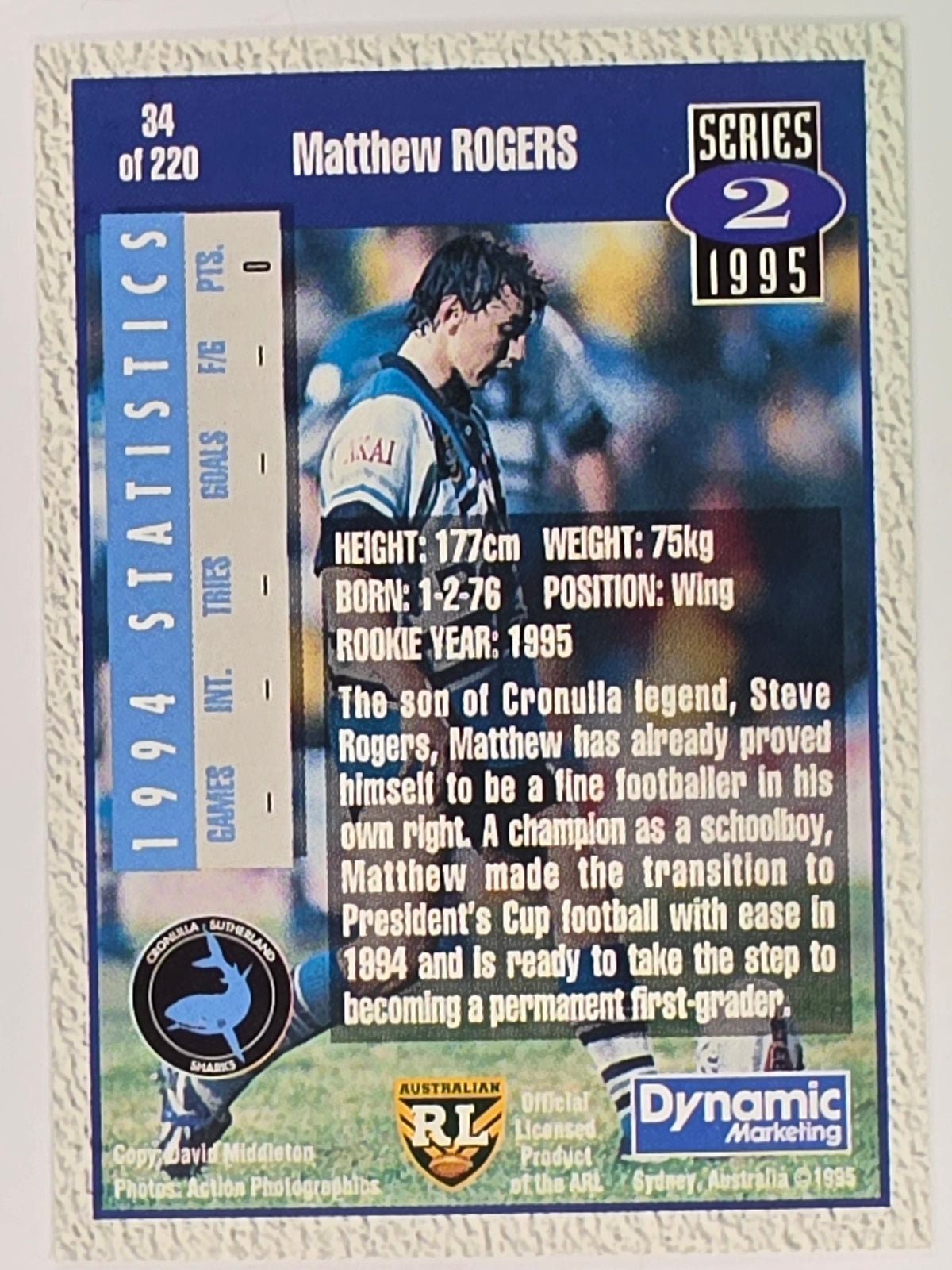 NRL 1995 Dynamic Series 2 | Base Card #034 | Matthew Rogers | Cronulla Sharks