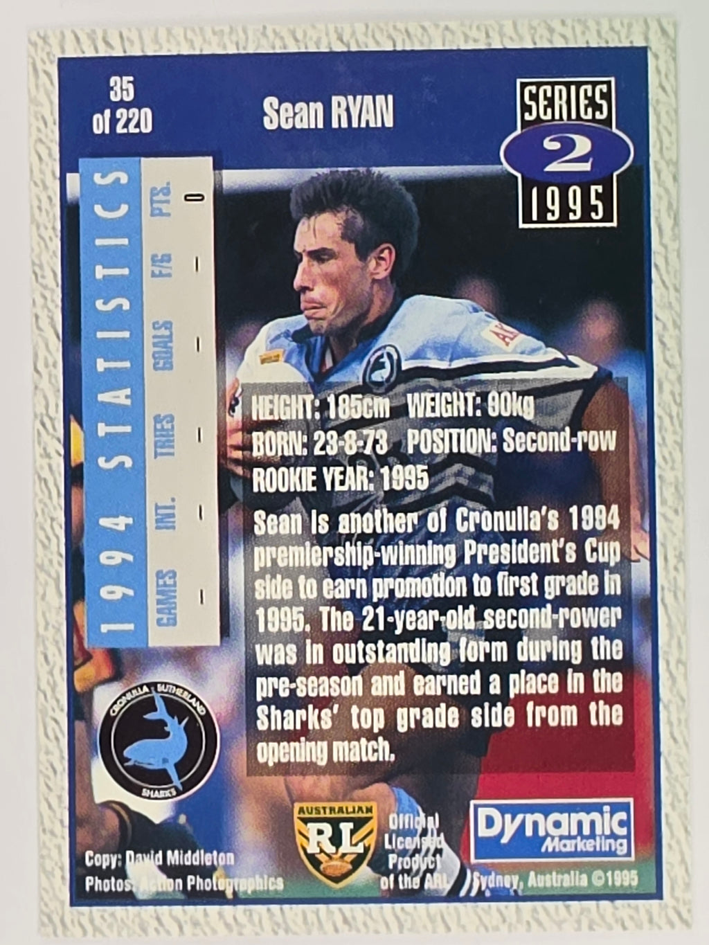 NRL 1995 Dynamic Series 2 | Base Card #035 | Sean Ryan | Cronulla Sharks