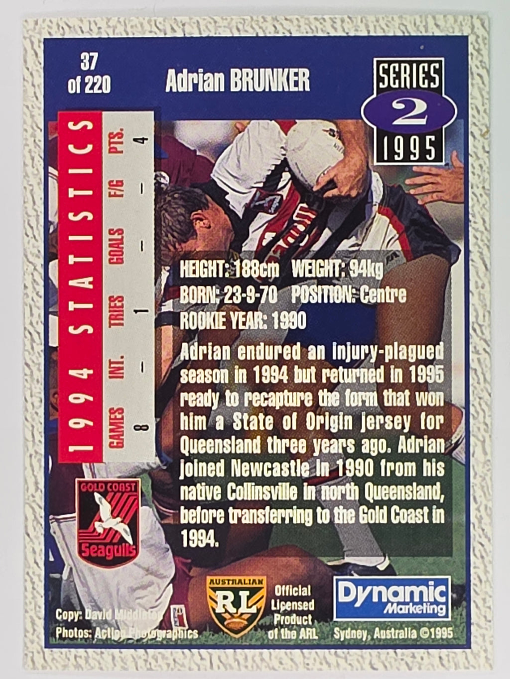 NRL 1995 Dynamic Series 2 | Base Card #037 | Adrian Brunker | Gold Coast Seagulls