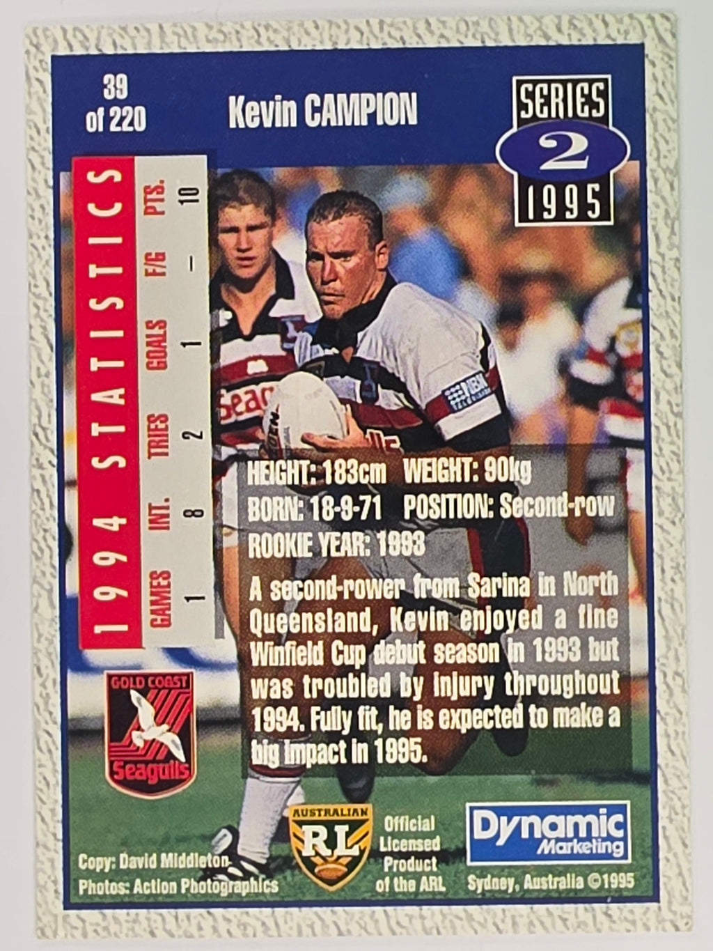 NRL 1995 Dynamic Series 2 | Base Card #039 | Kevin Campion | Gold Coast Seagulls
