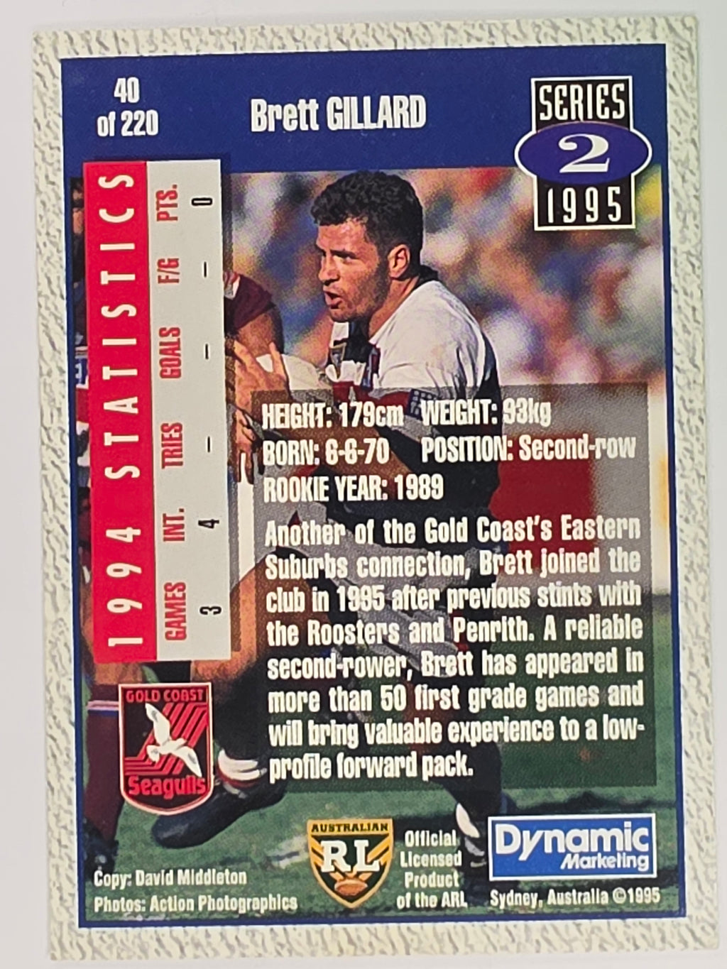 NRL 1995 Dynamic Series 2 | Base Card #040 | Brett Gillard | Gold Coast Seagulls