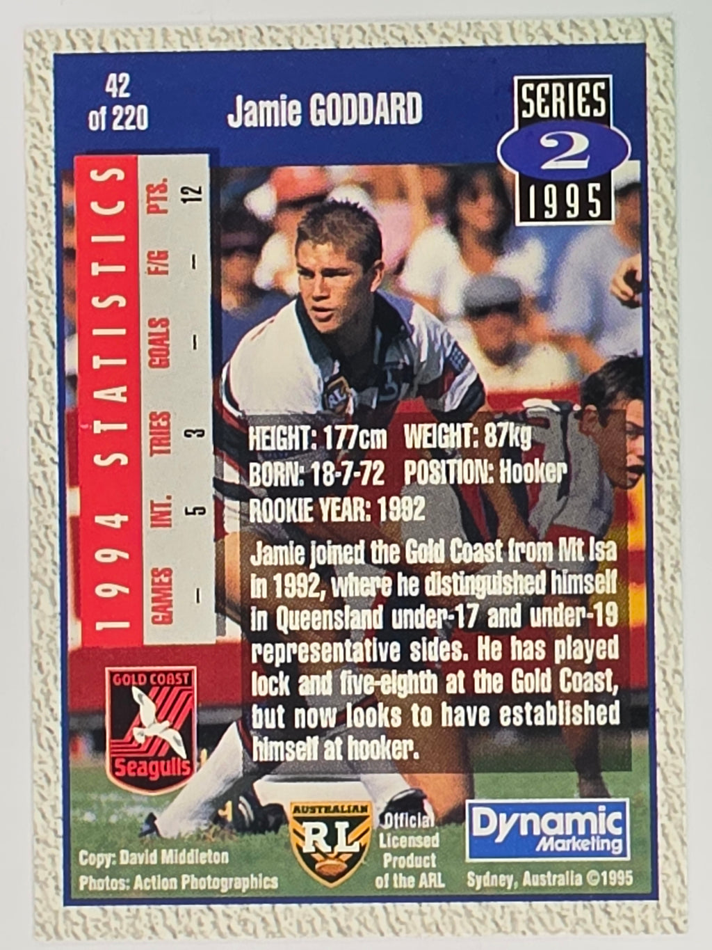 NRL 1995 Dynamic Series 2 | Base Card #042 | Jamie Goddard | Gold Coast Seagulls