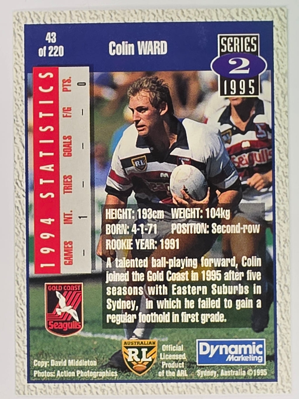NRL 1995 Dynamic Series 2 | Base Card #043 | Colin Ward | Gold Coast Seagulls