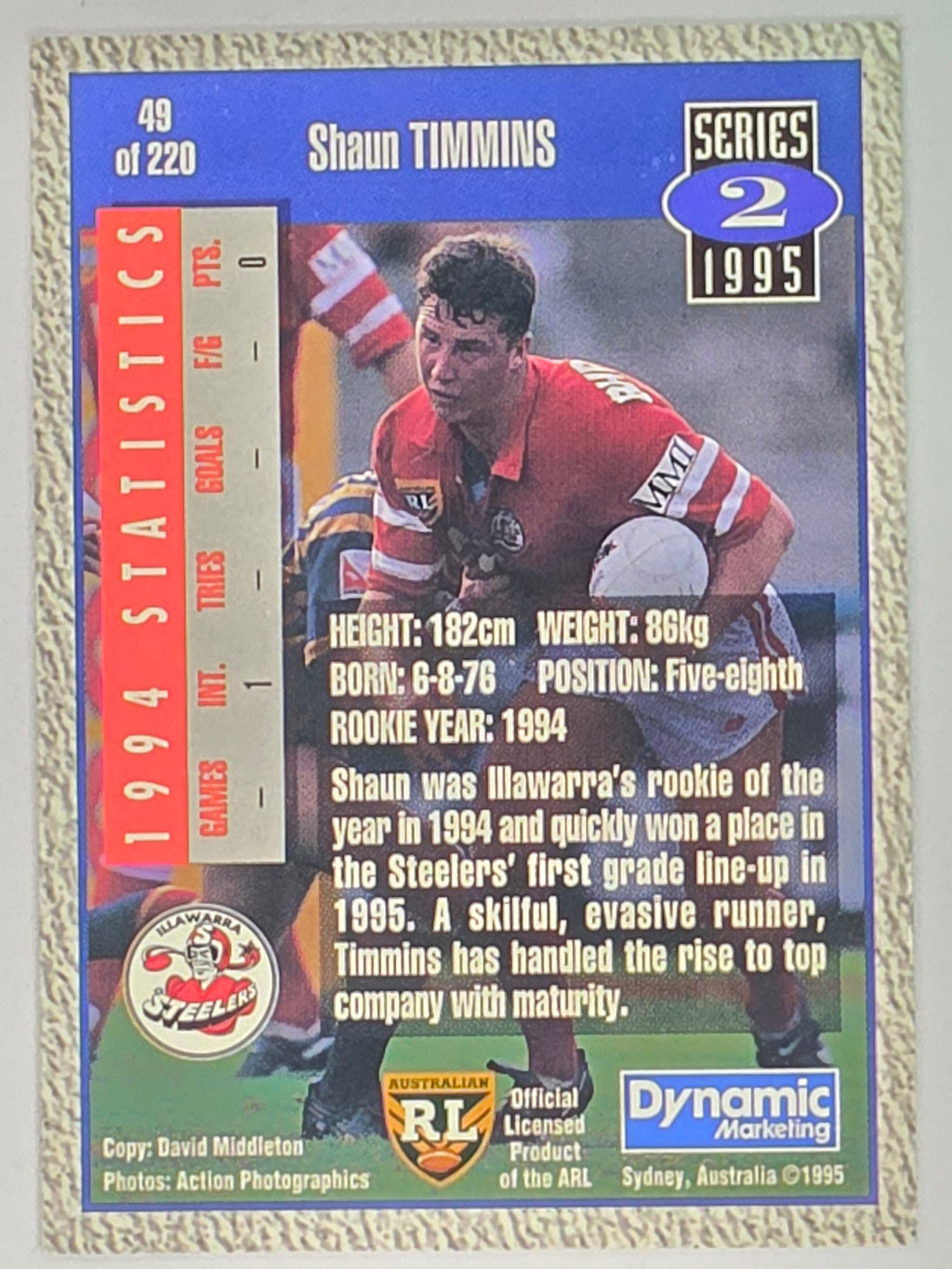 NRL 1995 Dynamic Series 2 | Base Card #049 | Shaun Timmins | Illawarra Steelers