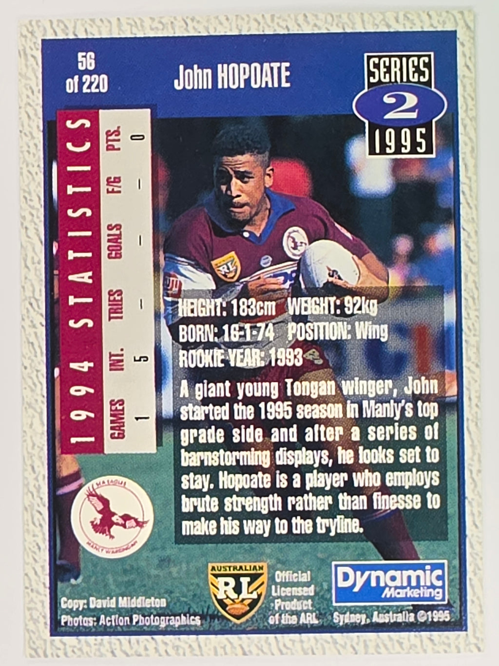 NRL 1995 Dynamic Series 2 | Base Card #056 | John Hopoate | Manly Warringah Sea Eagles