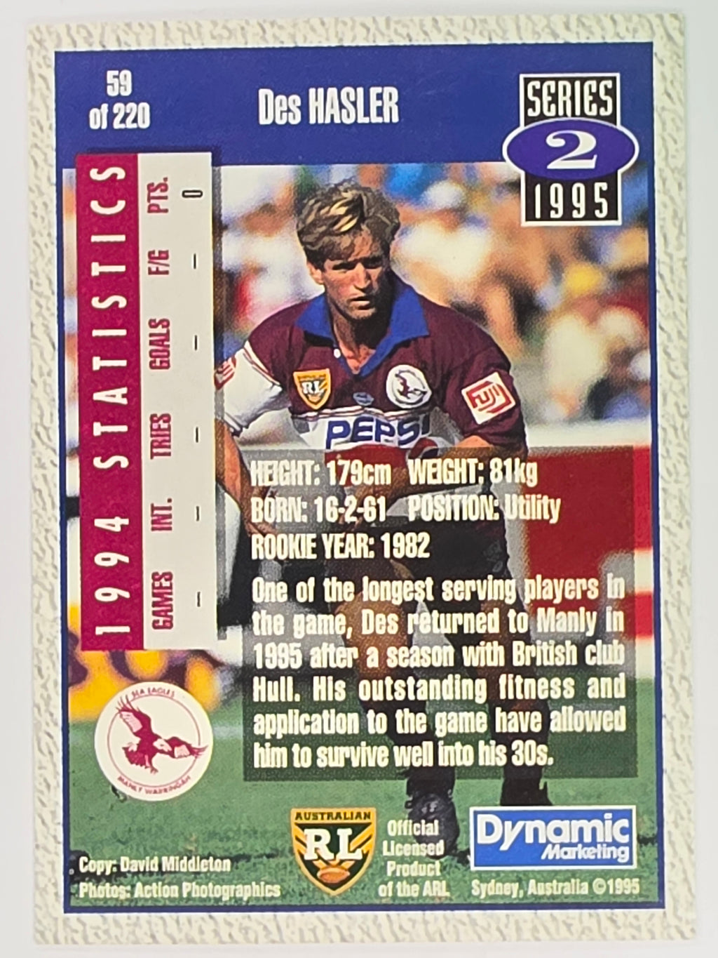NRL 1995 Dynamic Series 2 | Base Card #059 | Des Hasler | Manly Warringah Sea Eagles