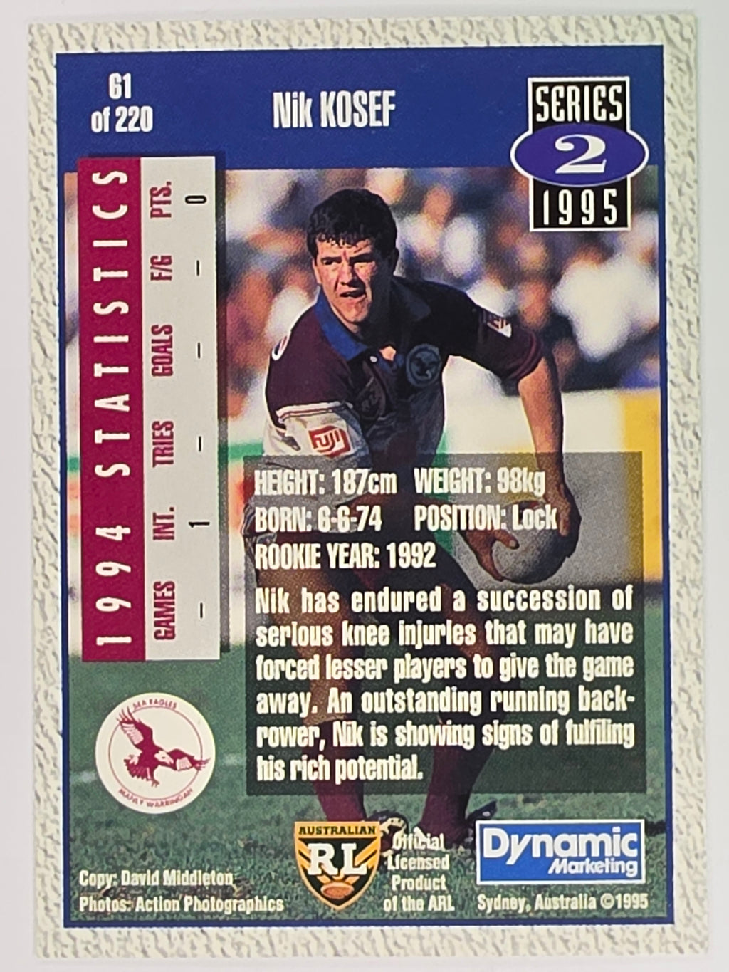 NRL 1995 Dynamic Series 2 | Base Card #061 | Nik Kosef | Manly Warringah Sea Eagles