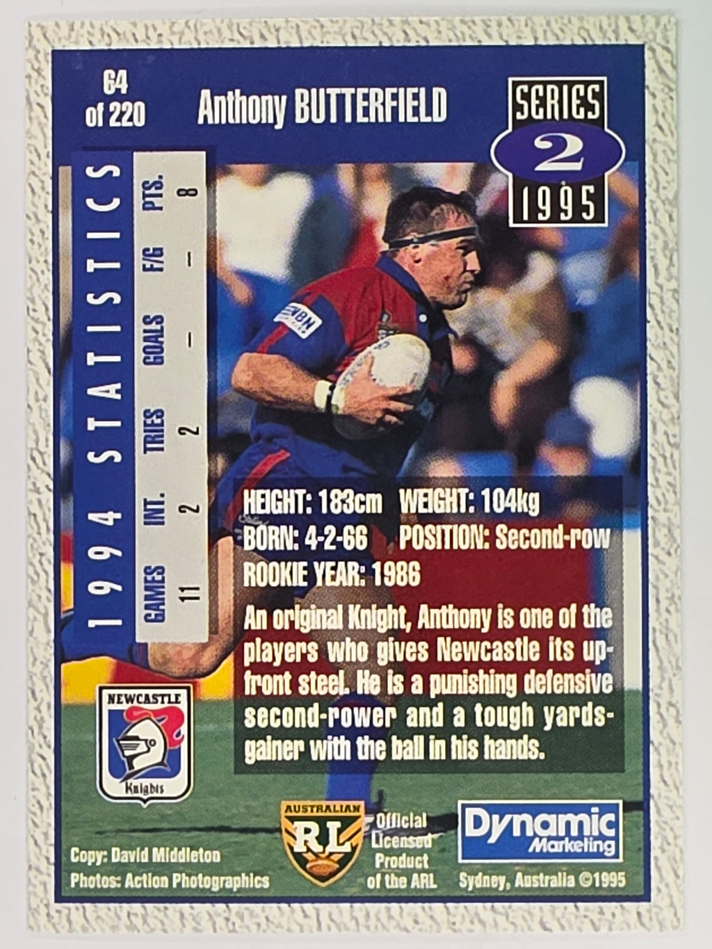 NRL 1995 Dynamic Series 2 | Base Card #064 | Anthony Butterfield | Newcastle Knights