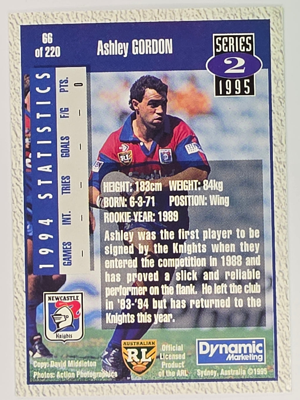 NRL 1995 Dynamic Series 2 | Base Card #066 | Ashley Gordon | Newcastle Knights