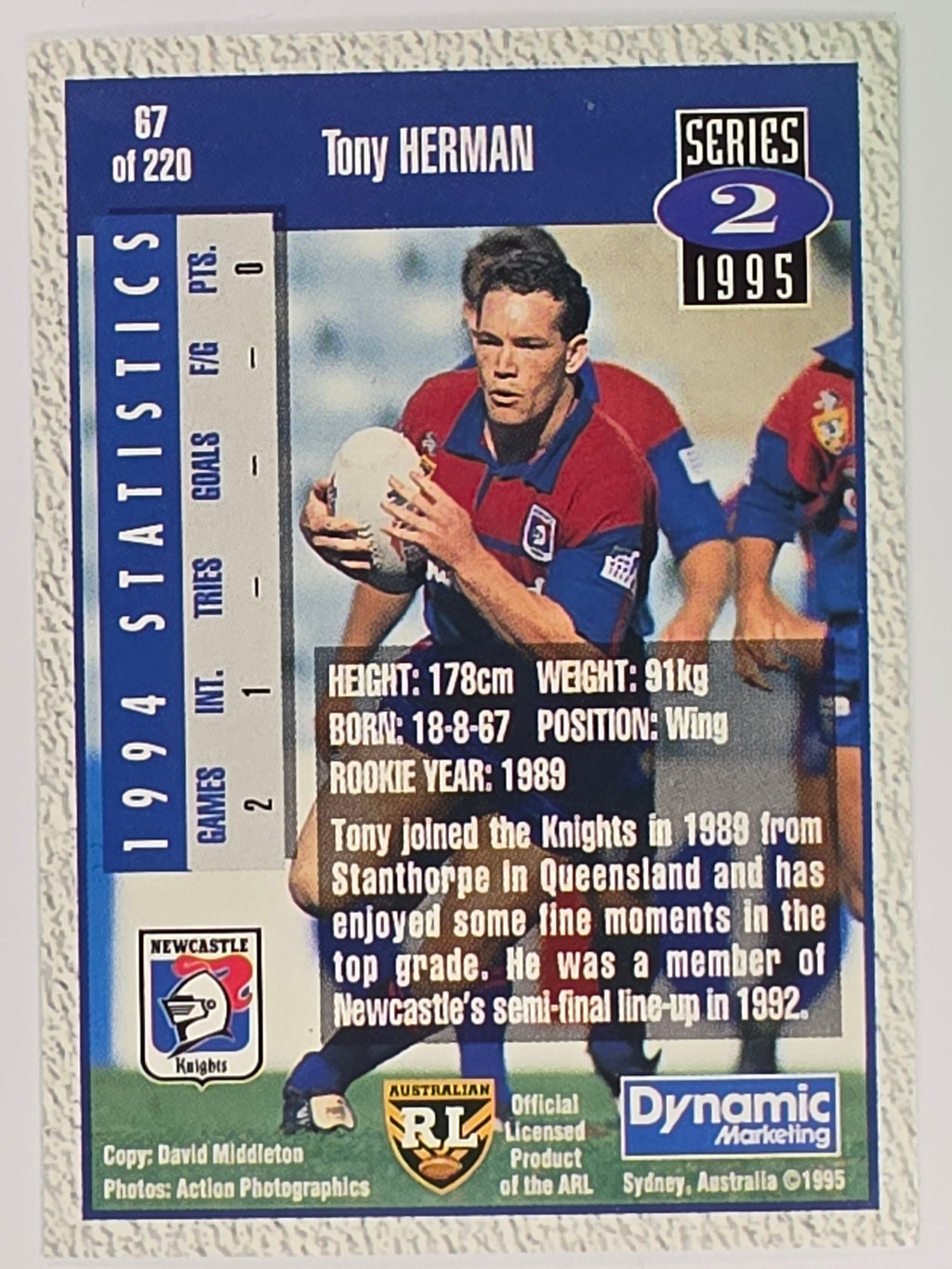 NRL 1995 Dynamic Series 2 | Base Card #067 | Tony Herman | Newcastle Knights