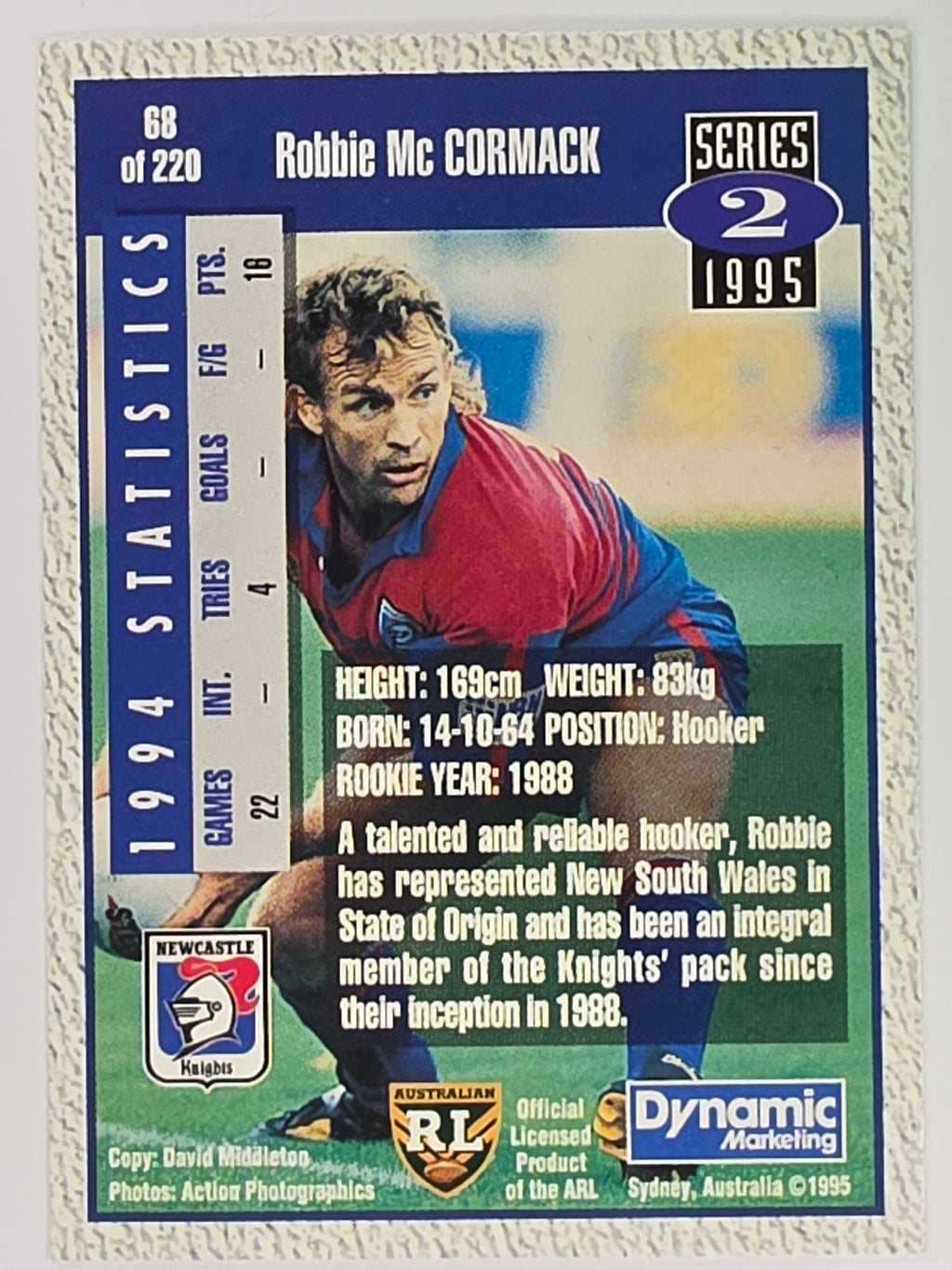 NRL 1995 Dynamic Series 2 | Base Card #068 | Robbie McCormack | Newcastle Knights