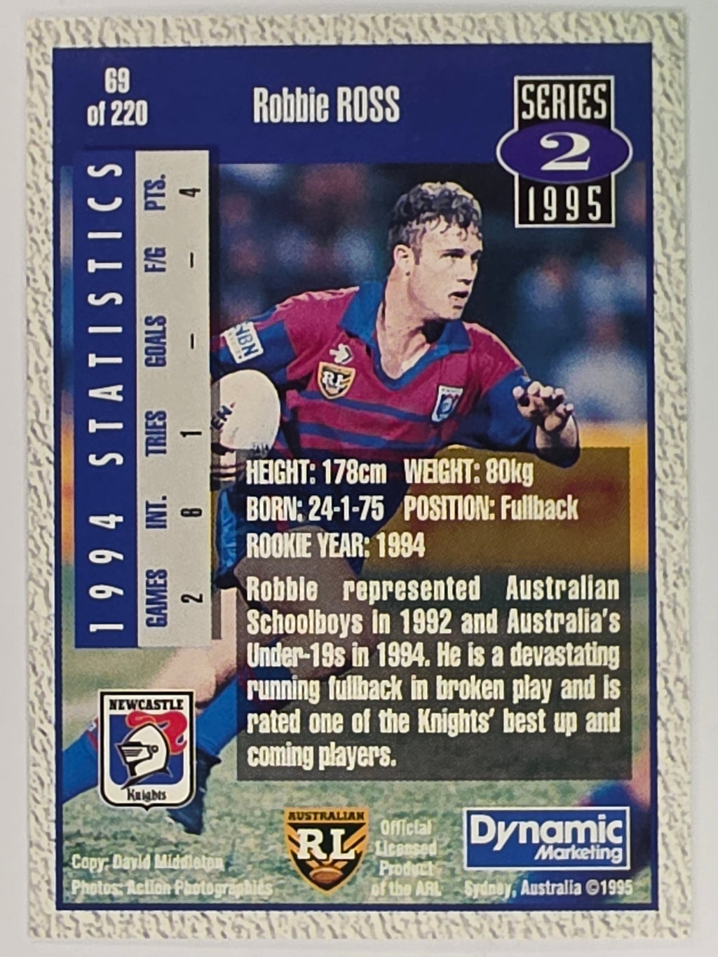 NRL 1995 Dynamic Series 2 | Base Card #069 | Robbie Ross | Newcastle Knights