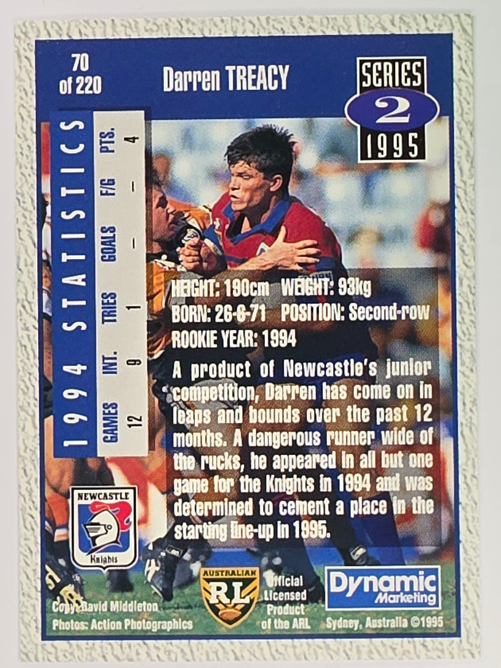 NRL 1995 Dynamic Series 2 | Base Card #070 | Darren Treacy | Newcastle Knights