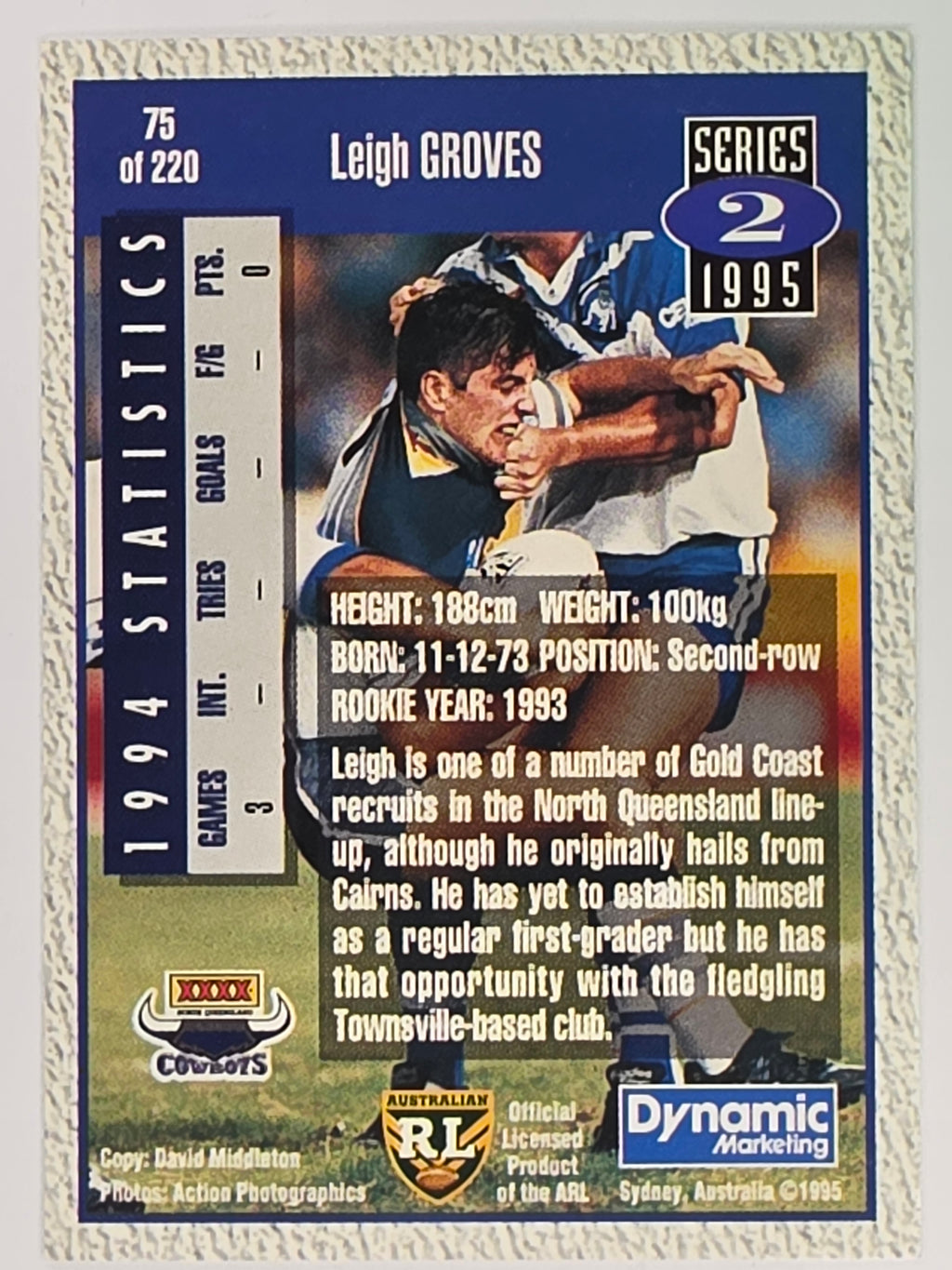 NRL 1995 Dynamic Series 2 | Base Card #075 | Leigh Groves | North Queensland Cowboys