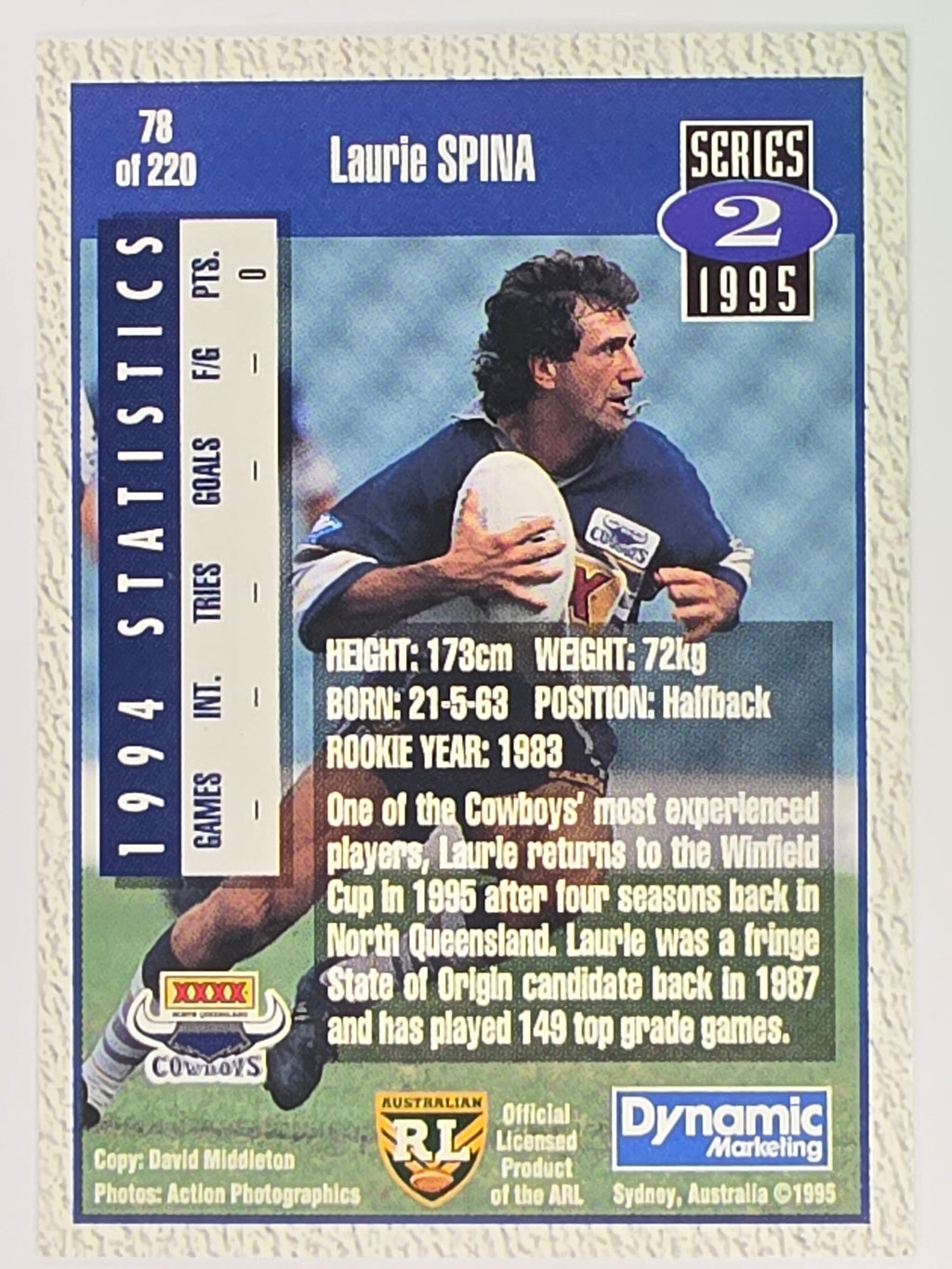 NRL 1995 Dynamic Series 2 | Base Card #078 | Laurie Spina | North Queensland Cowboys