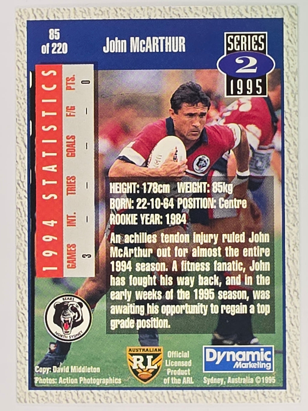 NRL 1995 Dynamic Series 2 | Base Card #085 | John McArthur | North Sydney Bears