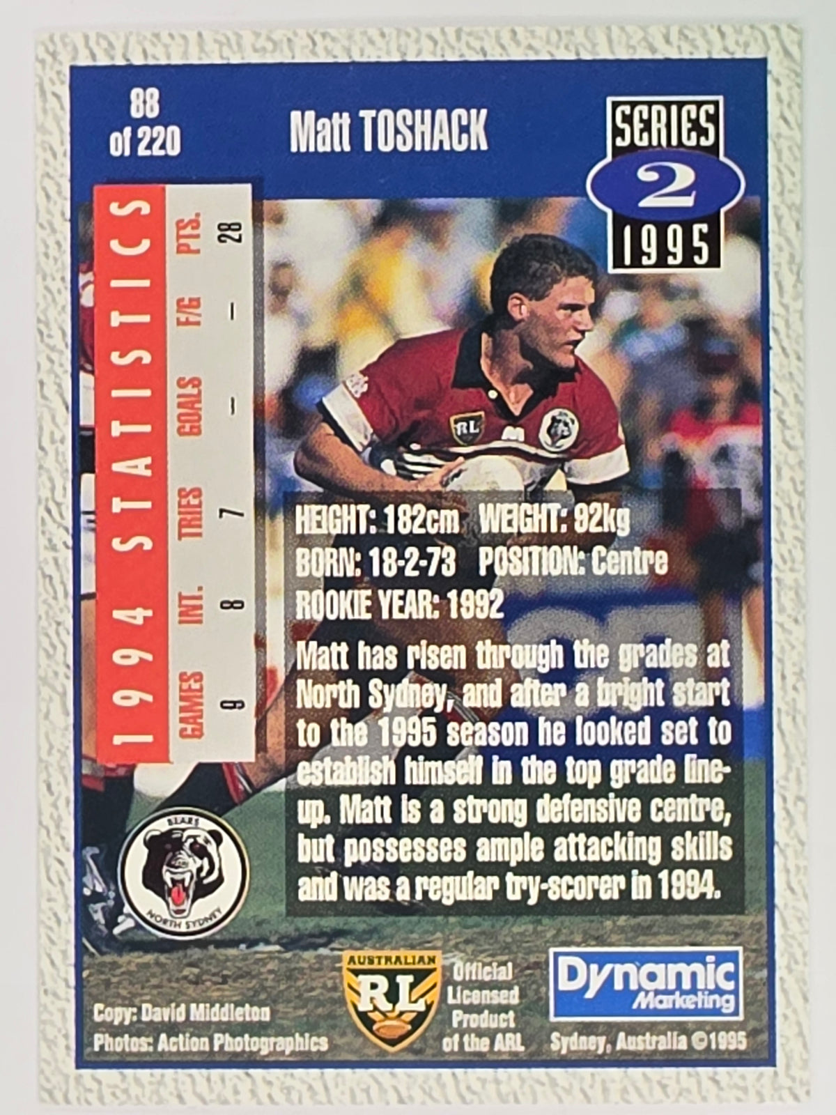 NRL 1995 Dynamic Series 2 | Base Card #088 | Matt Toshack | North Sydney Bears
