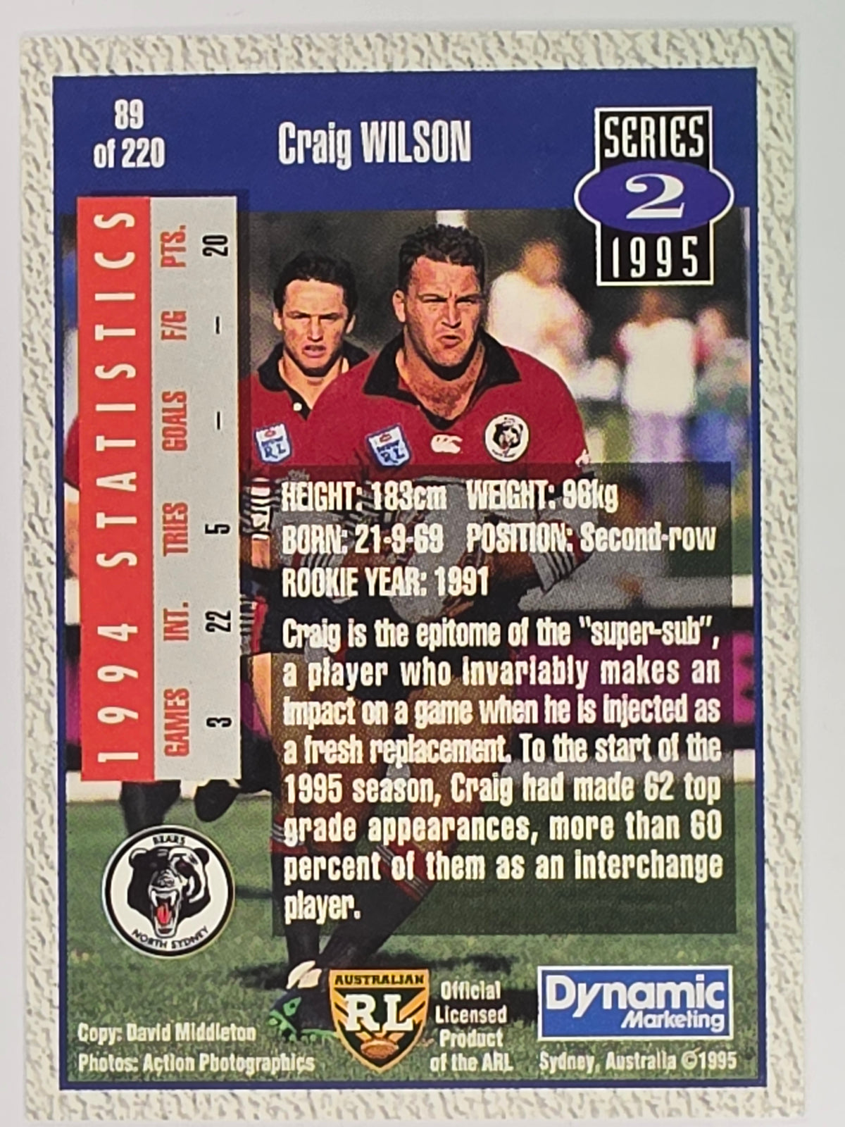 NRL 1995 Dynamic Series 2 | Base Card #089 | Craig Wilson | North Sydney Bears