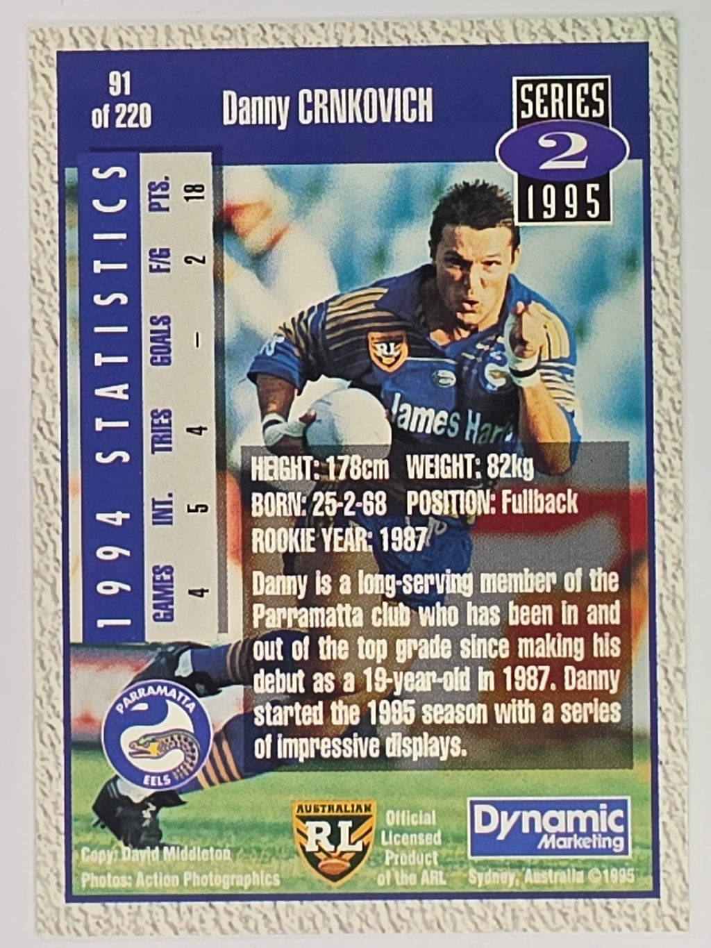 NRL 1995 Dynamic Series 2 | Base Card #091 | Danny Crnkovich | Parramatta Eels