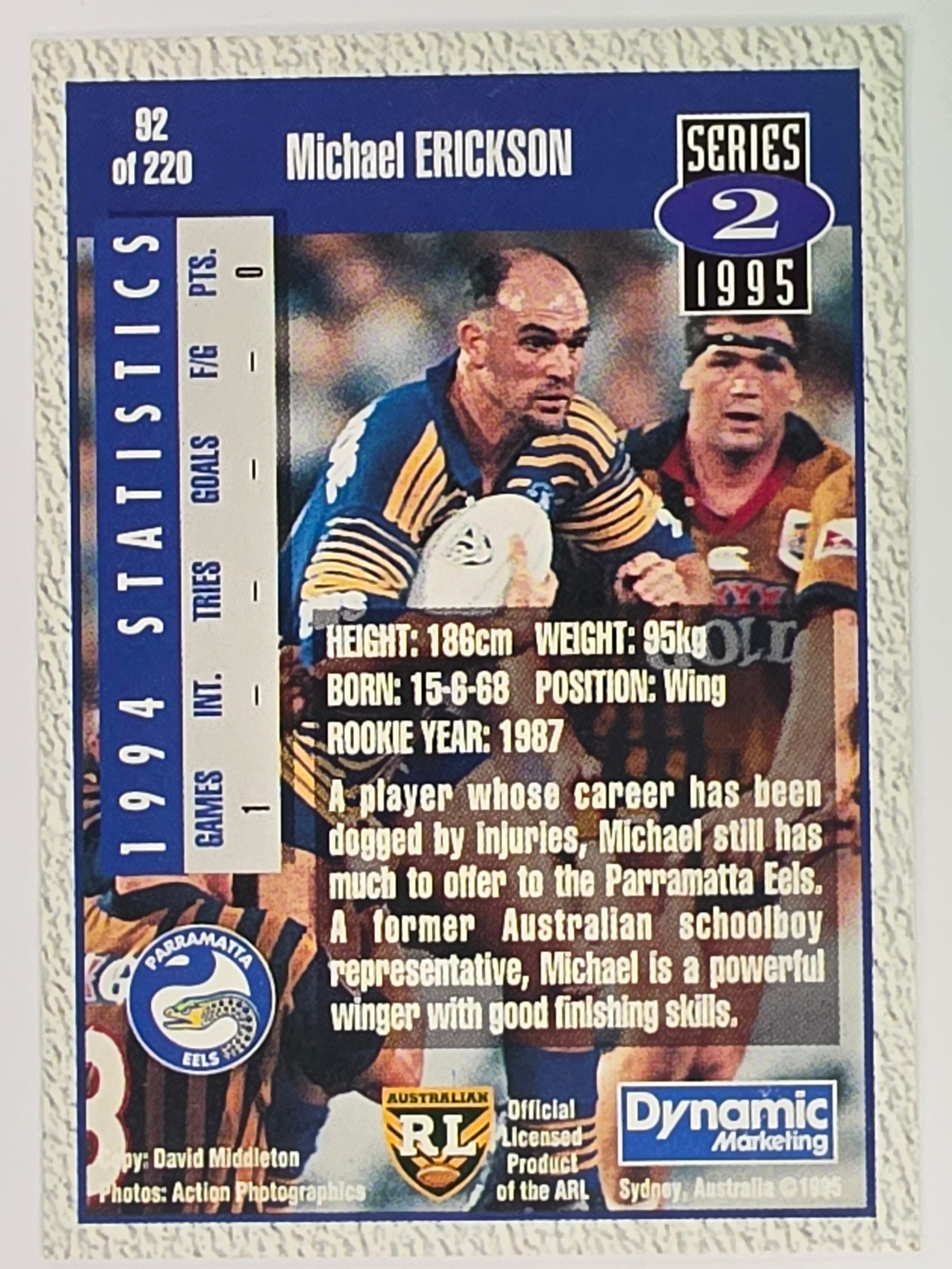 NRL 1995 Dynamic Series 2 | Base Card #092 | Michael Erickson | Parramatta Eels