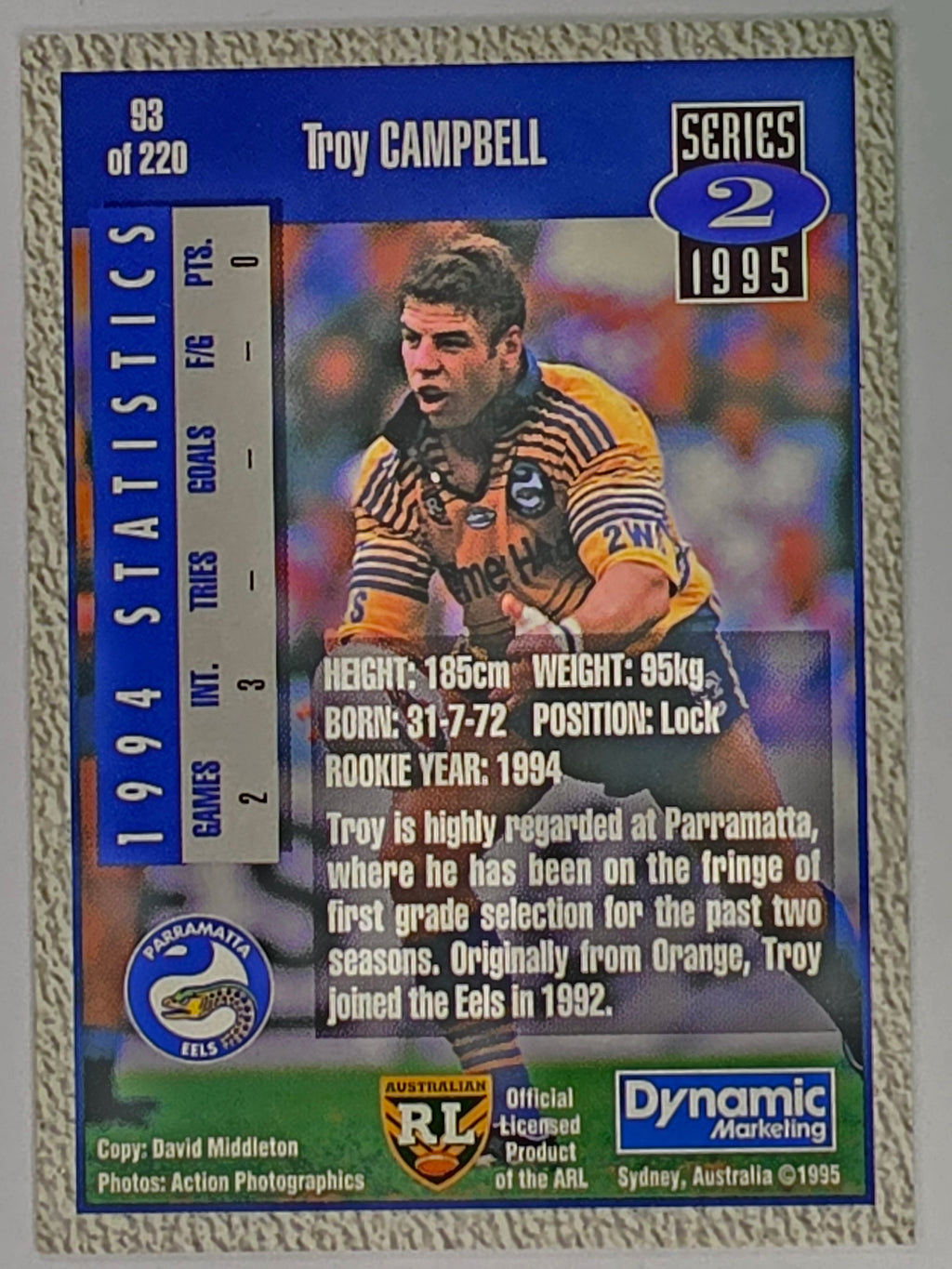 NRL 1995 Dynamic Series 2 | Base Card #093 | Troy Campbell | Parramatta Eels