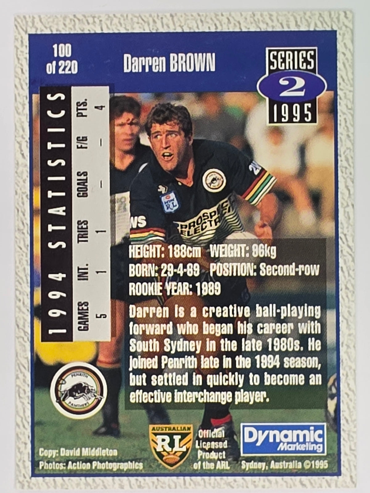 NRL 1995 Dynamic Series 2 | Base Card #100 | Darren Brown | Penrith Panthers
