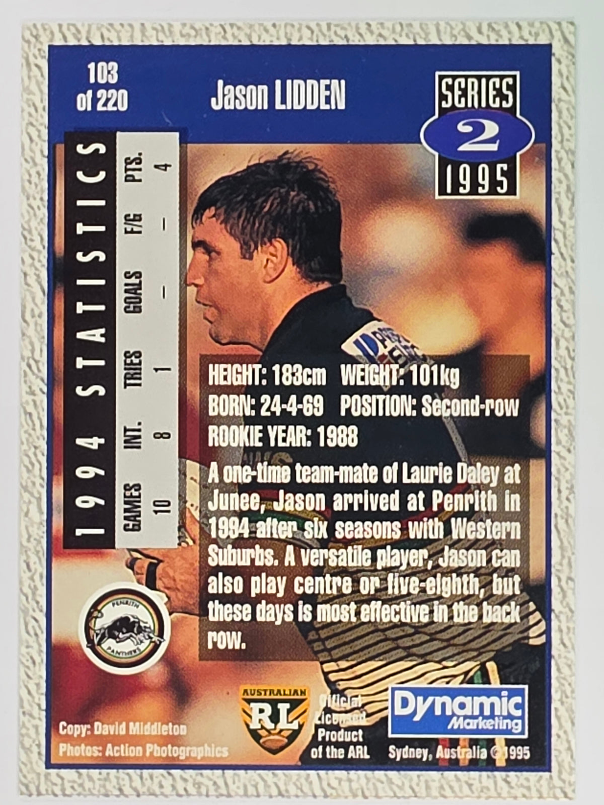 NRL 1995 Dynamic Series 2 | Base Card #103 | Jason Lidden | Penrith Panthers