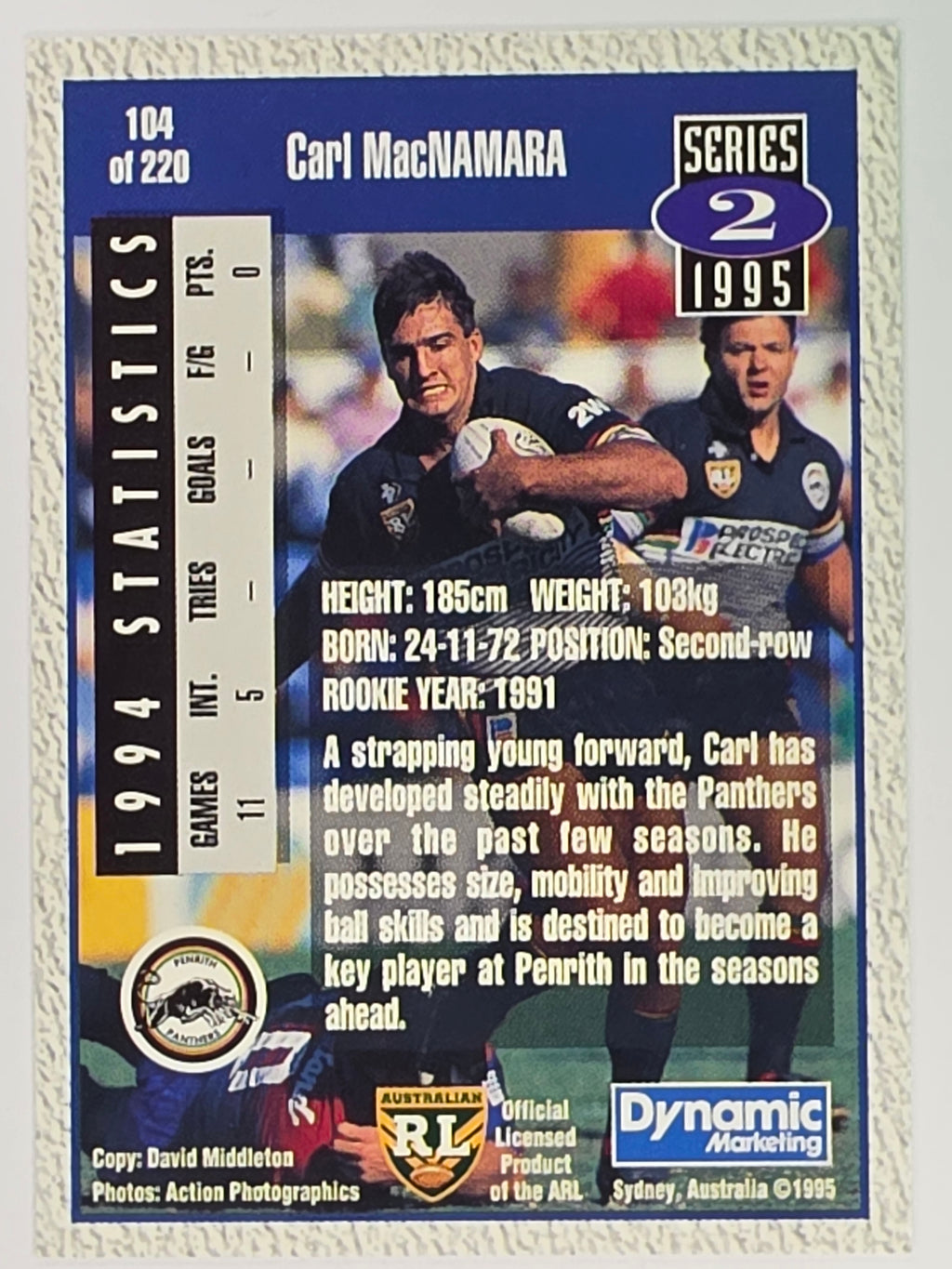 NRL 1995 Dynamic Series 2 | Base Card #104 |Carl MacNamara | Penrith Panthers