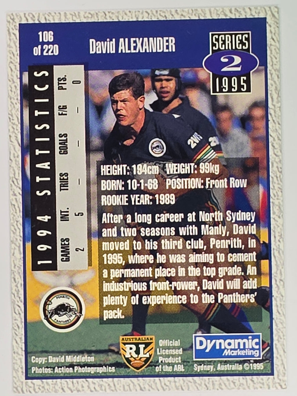 NRL 1995 Dynamic Series 2 | Base Card #106 | David Alexander | Penrith Panthers