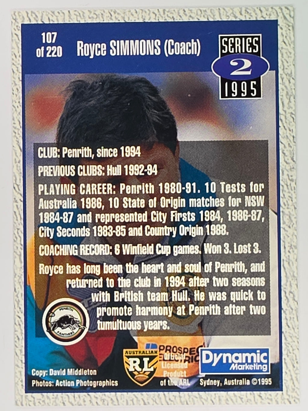 NRL 1995 Dynamic Series 2 | Base Card #107 | Royce Simmons | Penrith Panthers