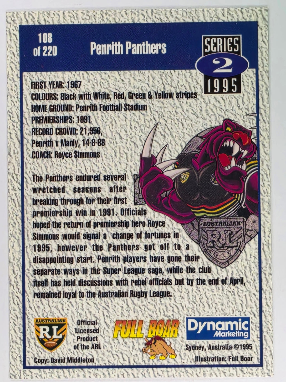 NRL 1995 Dynamic Series 2 | Base Card #108 | Penrith Panthers Logo