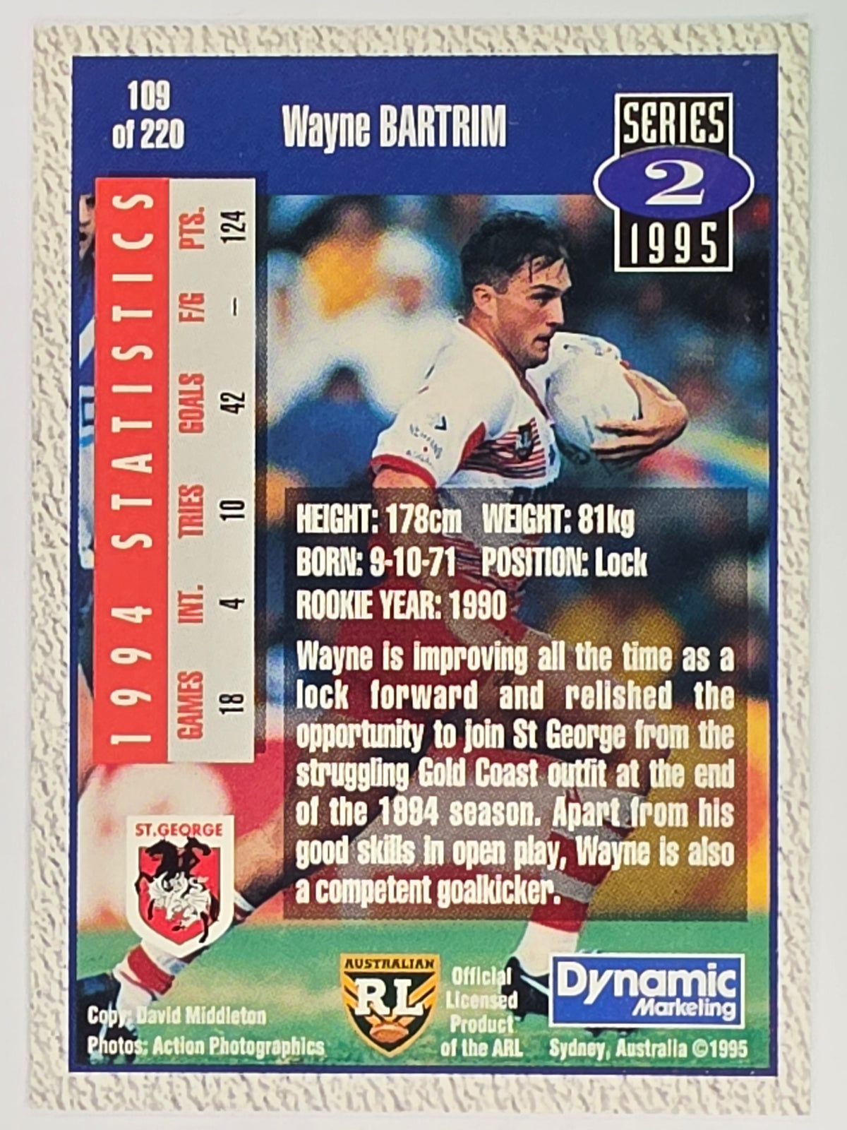 NRL 1995 Dynamic Series 2 | Base Card #109 | Wayne Bartrim | St George Dragons