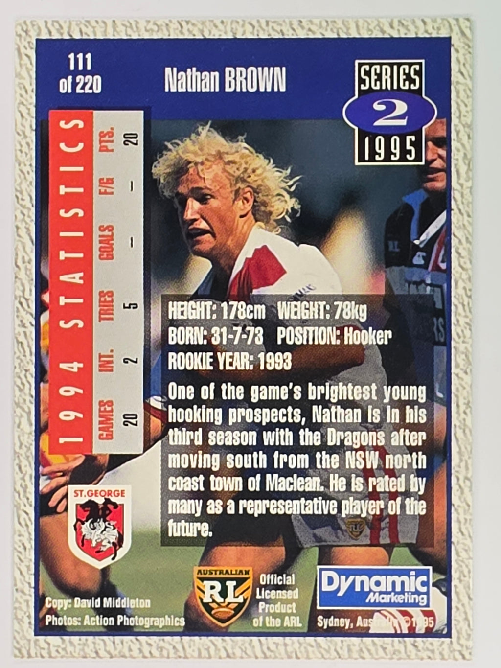 NRL 1995 Dynamic Series 2 | Base Card #111 | Nathan Brown | St George Dragons