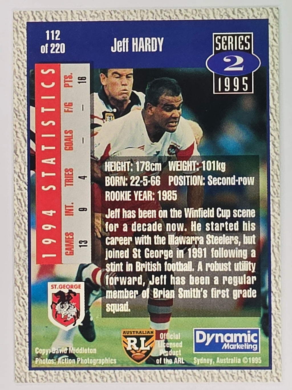 NRL 1995 Dynamic Series 2 | Base Card #112 | Jeff Hardy | St George Dragons