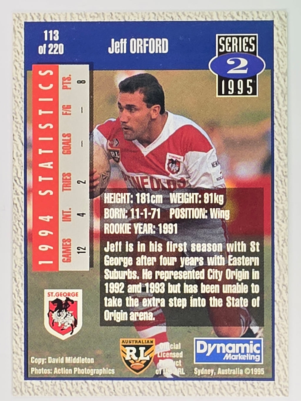 NRL 1995 Dynamic Series 2 | Base Card #113 | Jeff Orford | St George Dragons