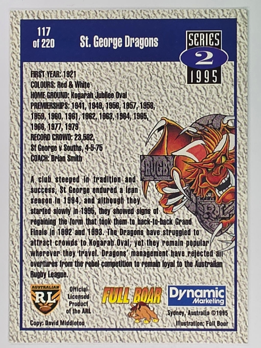 NRL 1995 Dynamic Series 2 | Base Card #117 | St George Dragons Logo